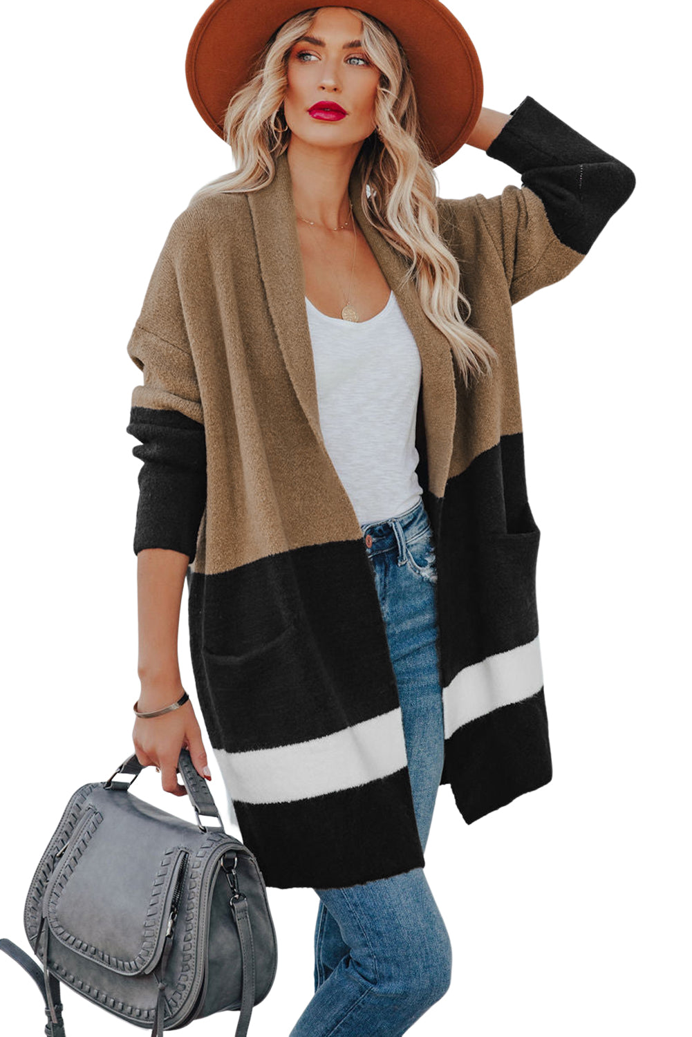Gray Gingerbread Latte Colorblock Pocketed Cardigan