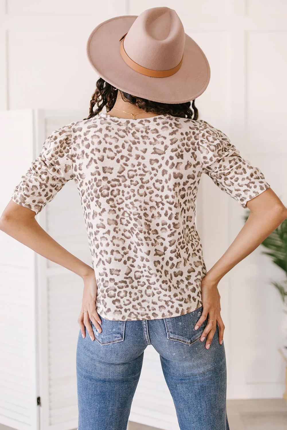 Multicolour Textured Leopard Print Ruched Sleeve T Shirt