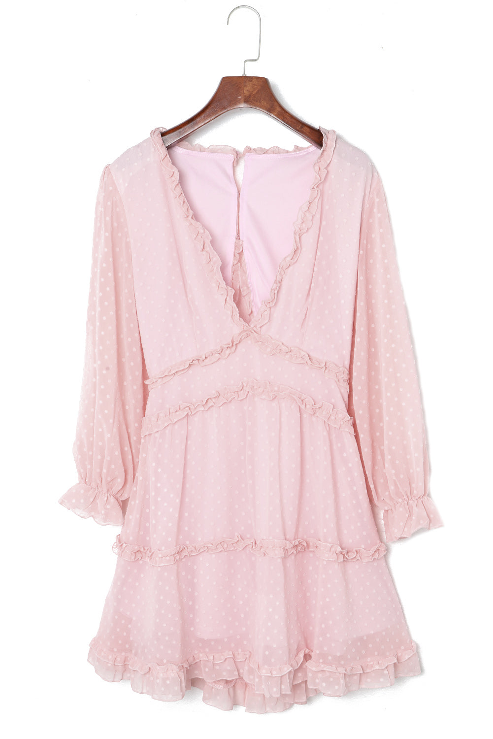Mini-robe rose superposée à volants, dos ouvert, manches bouffantes, pois suisses