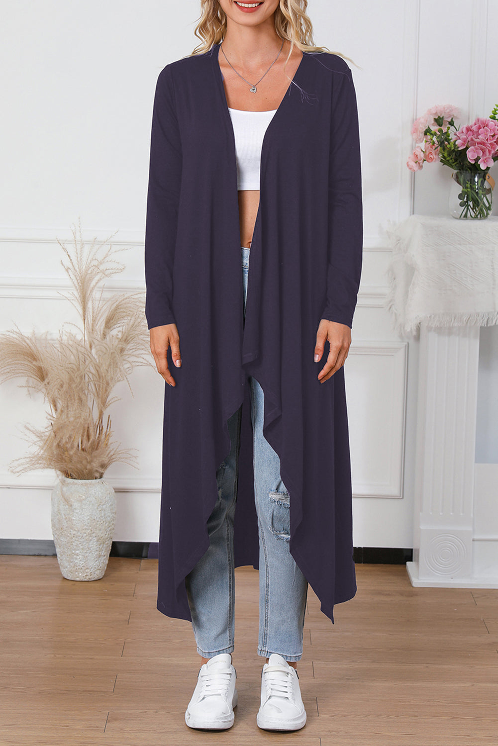 Black Draped Open Front Long Cardigan