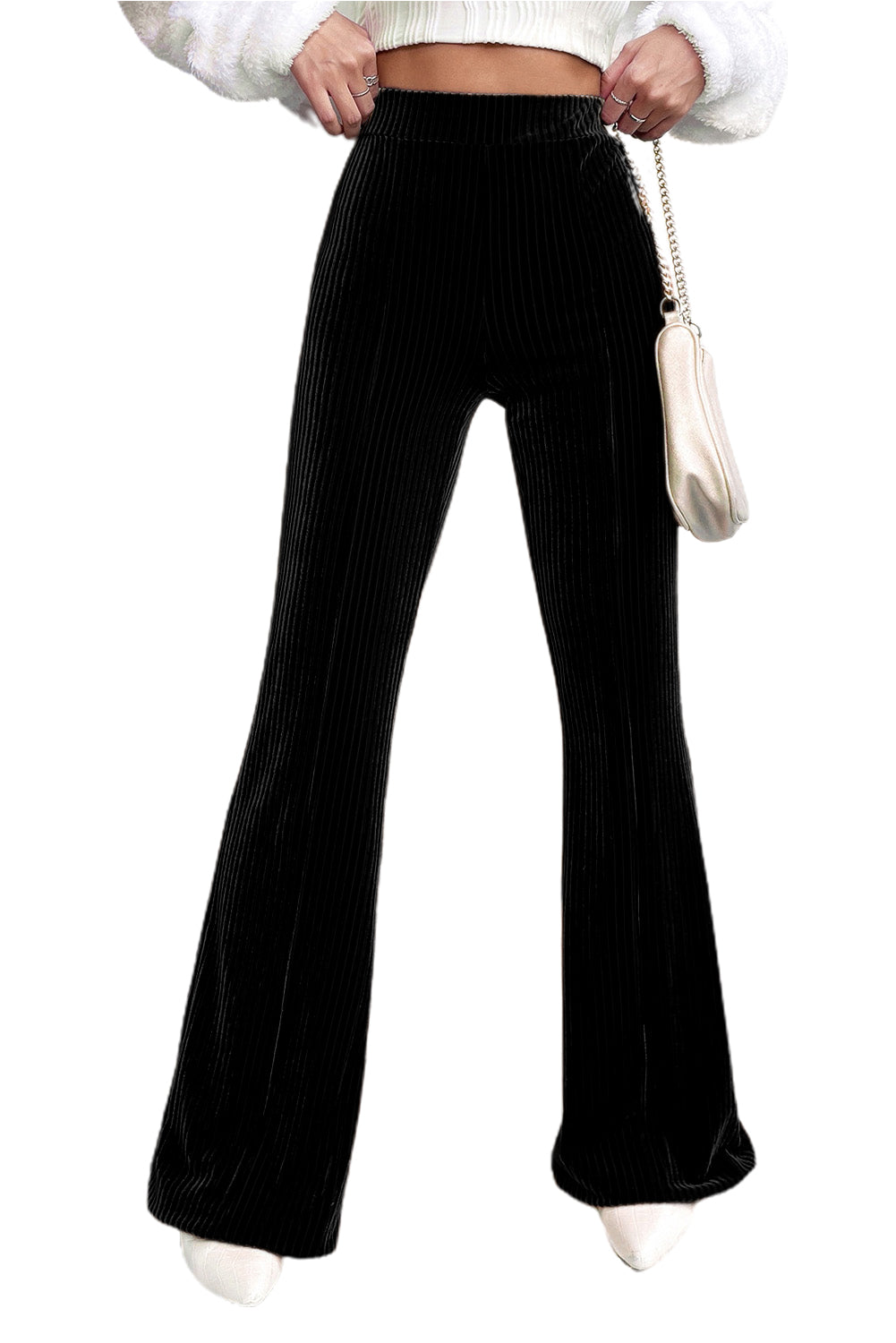 Crne jednobojne hlače od samta s visokim strukom