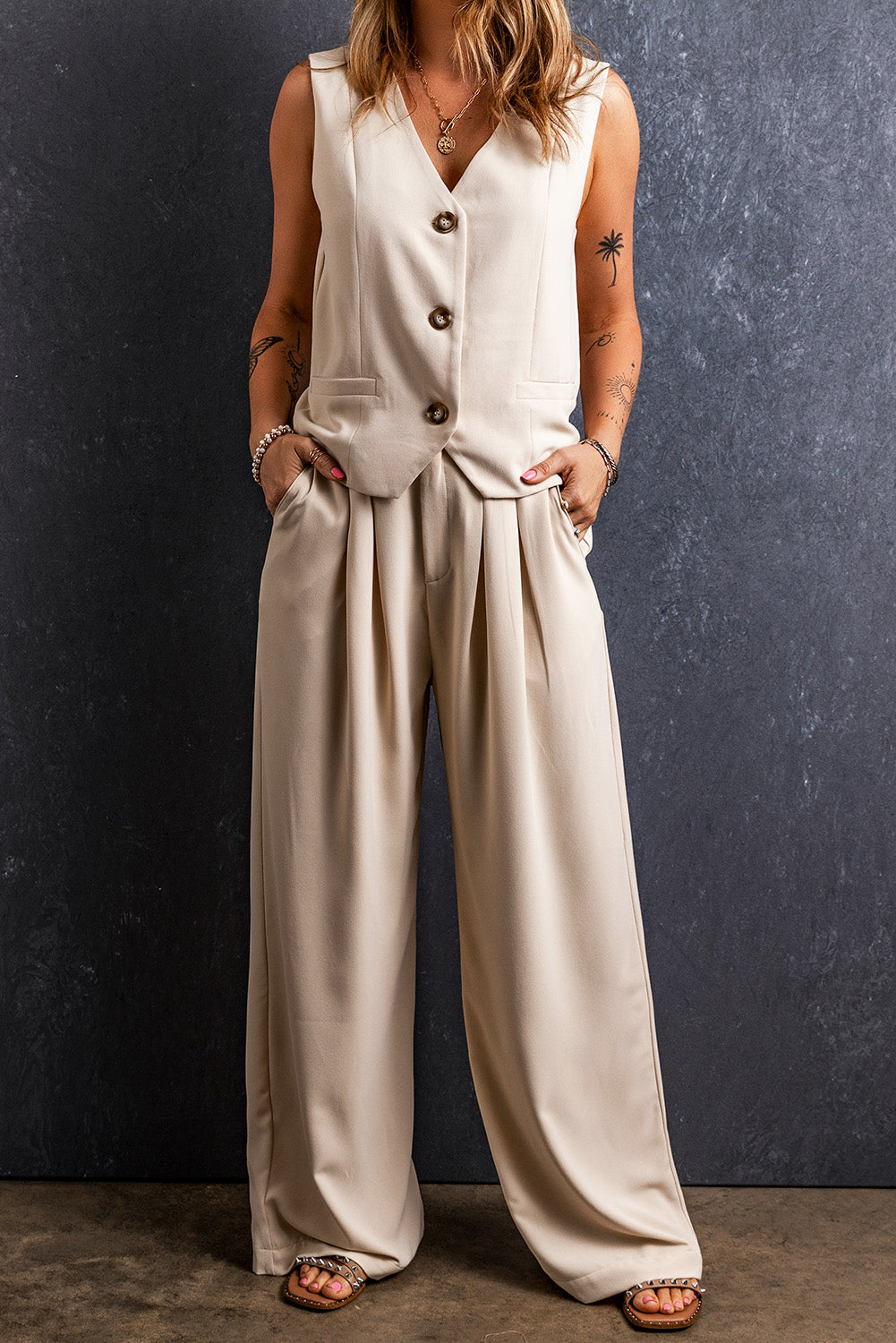 Široke hlače z elastiko v pasu Apricot