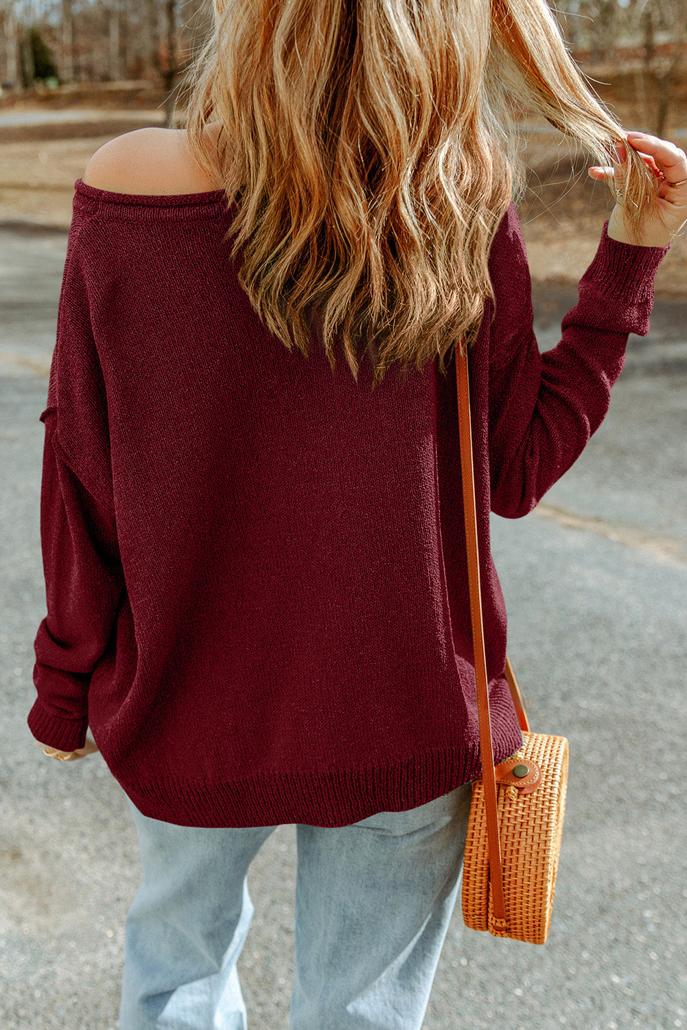 Burgundy Solid Color Off Shoulder Rib Knit Sweater with Pocket
