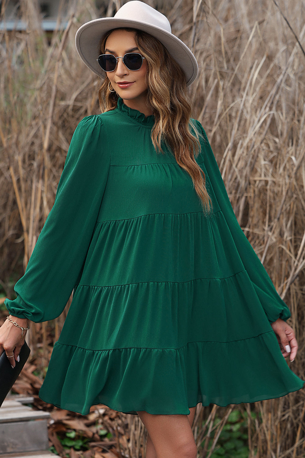 Green Puff Sleeve Mock Neck Back Knot Tiered Dress