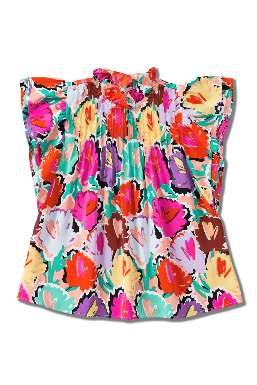 Mehrfarbige, plissierte Bluse mit abstraktem Blumendruck und Rüschenkragen