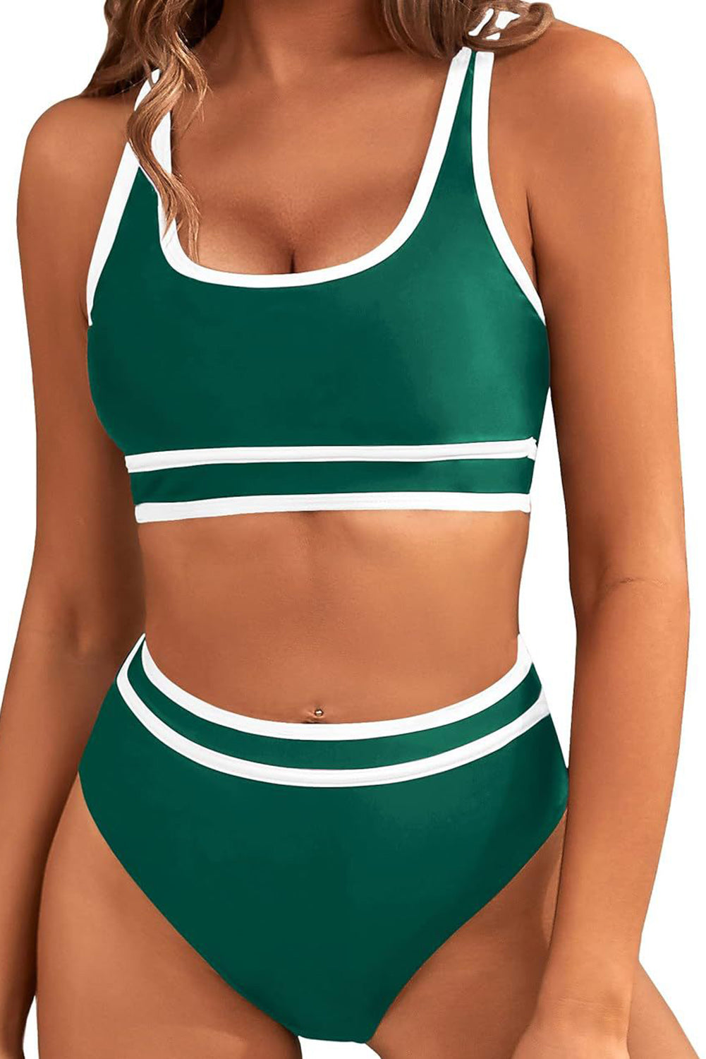 Bikini taille haute à col en U et bordure contrastée vert foncé