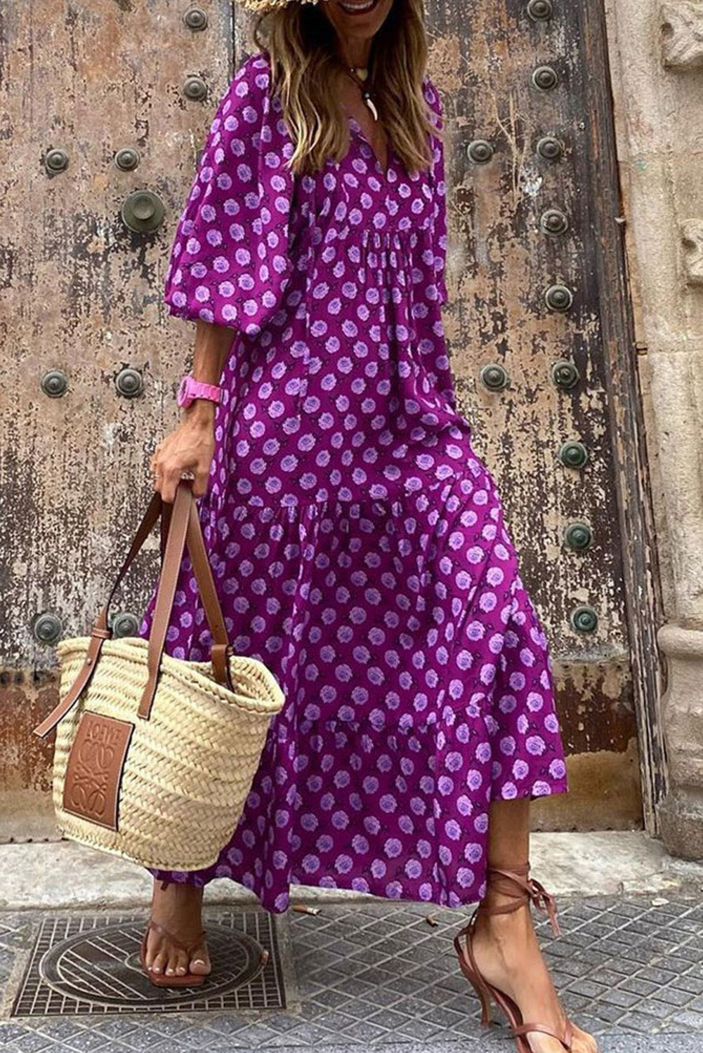 Robe longue violette imprimée bohème à manches bouffantes