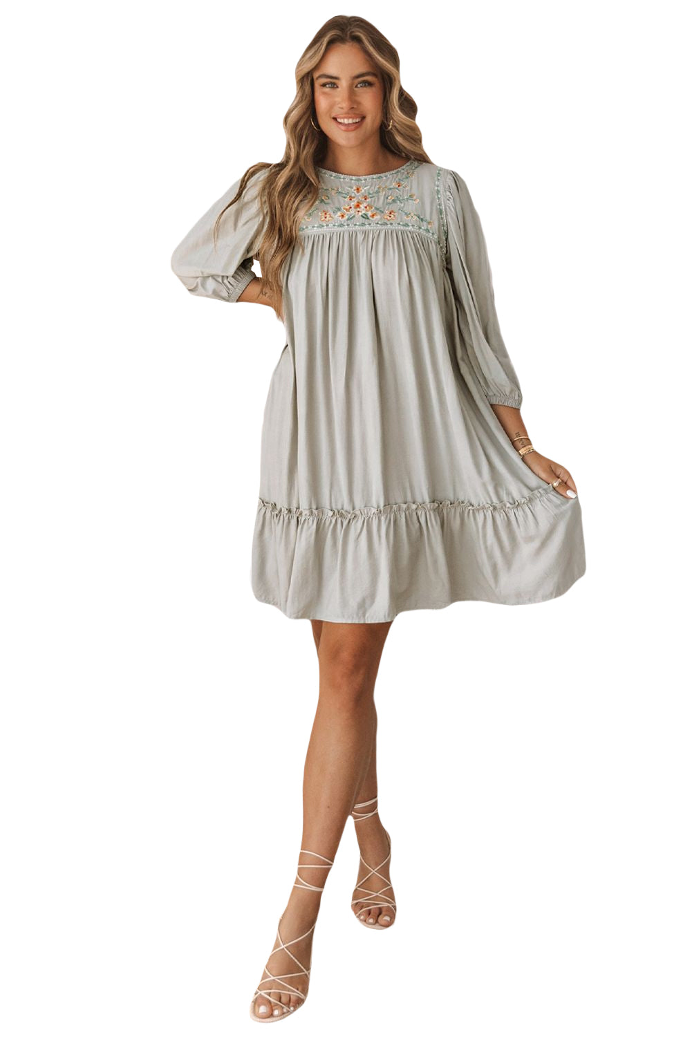 Gray Floral Embroidered Long Sleeve Babydoll Mini Dress