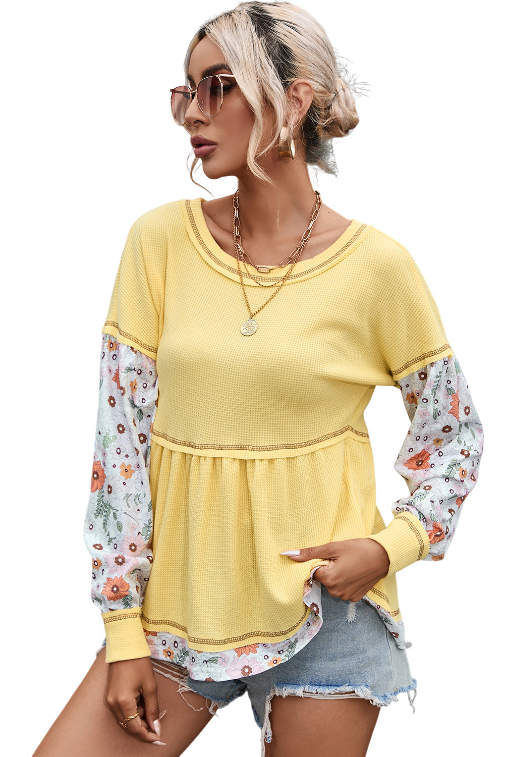 Yellow Floral Patchwork Waffle Knit Babydoll Blouse