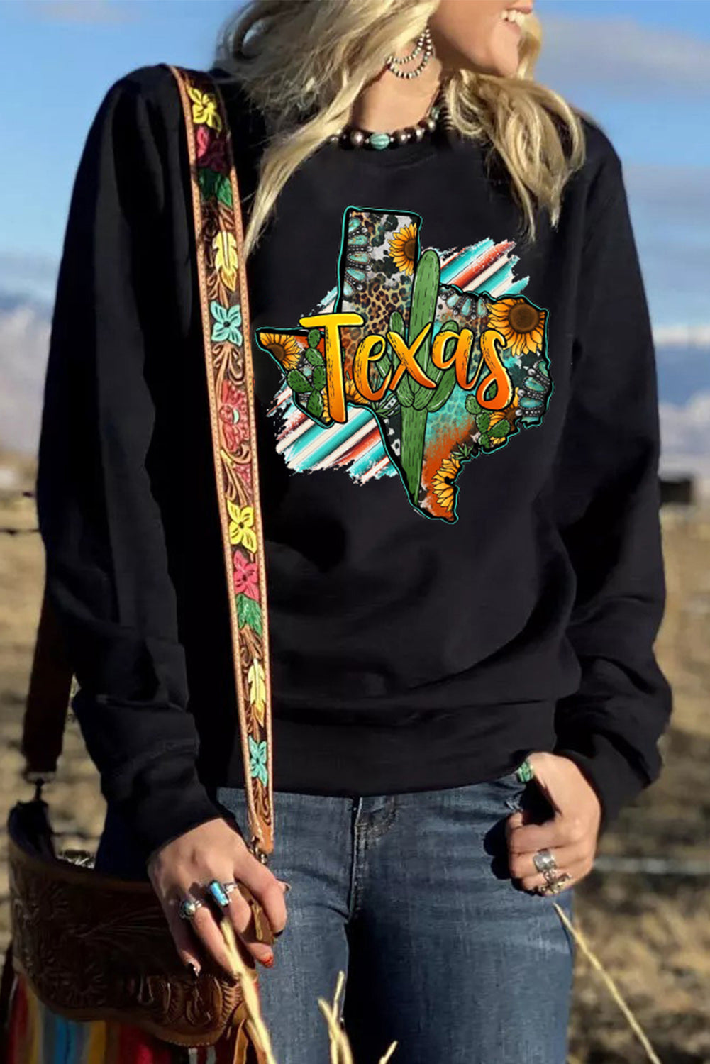 Texas Leopard Sunflower Türkis Serape Cowboy Grafik Sweatshirt