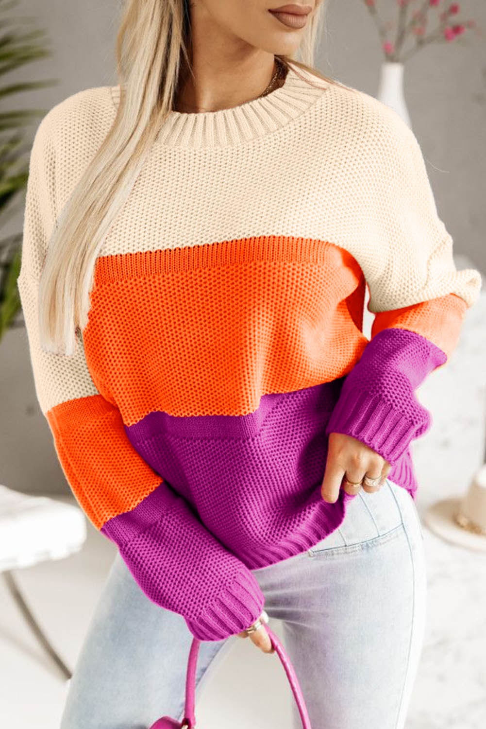 Brown Stripe Color Block Drop Shoulder Round Neck Knit Sweater
