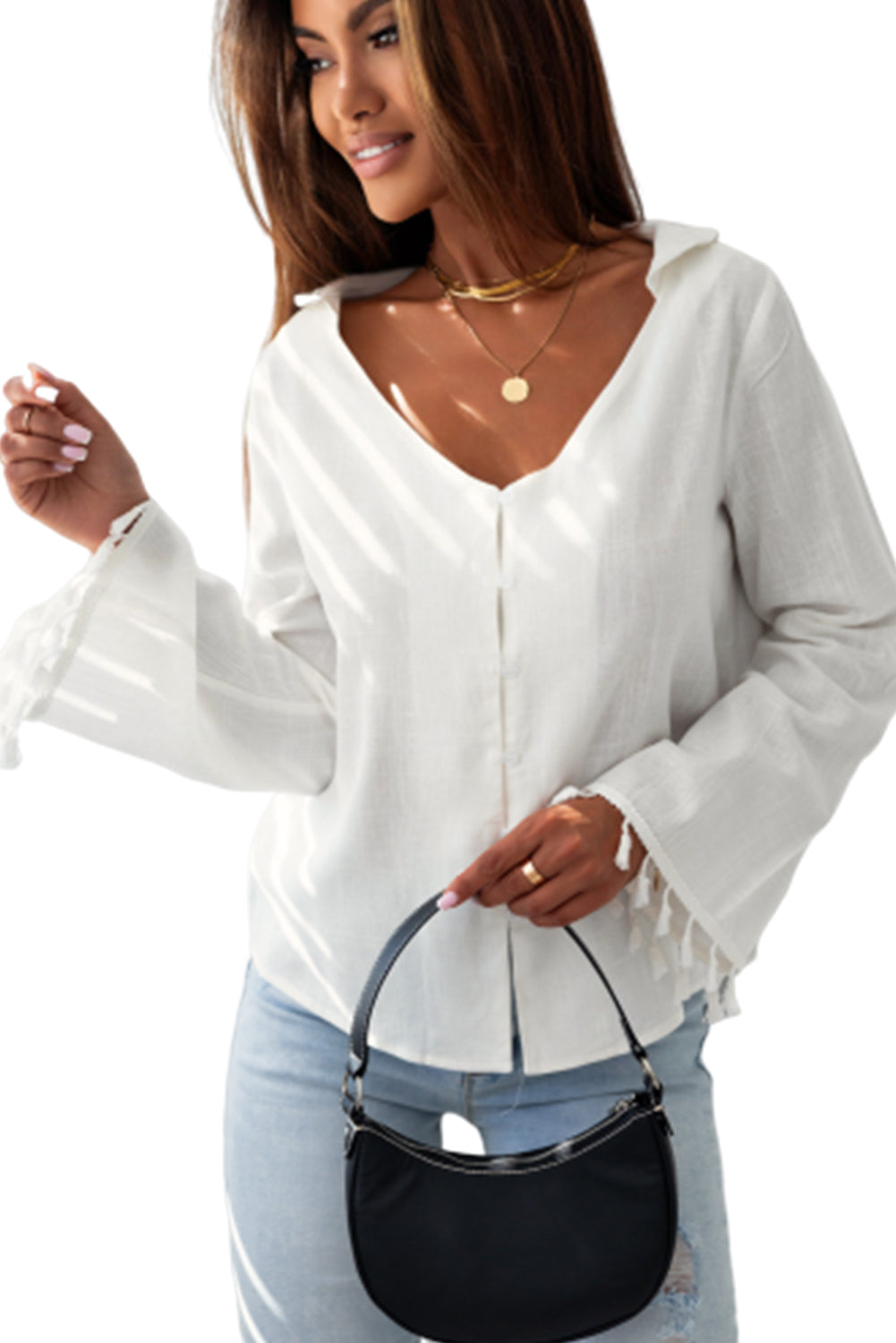 White V Neck Buttoned Tassel Bell Sleeve Shirt