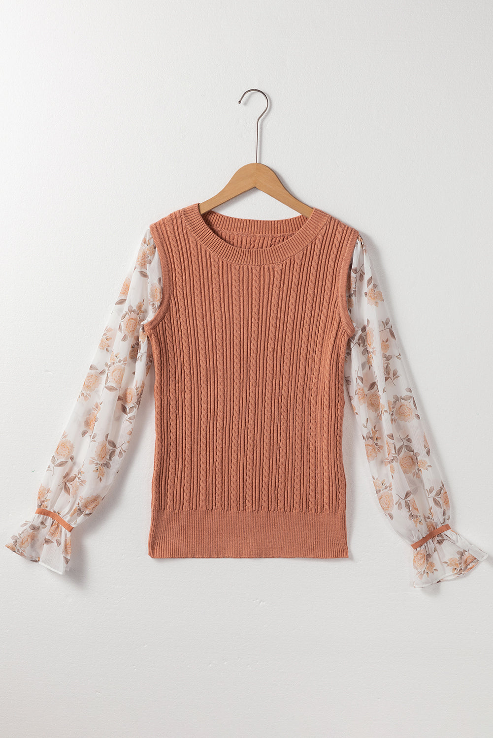 Golden Floral Patchwork Ruffled Cuff Cable Knit Sweater