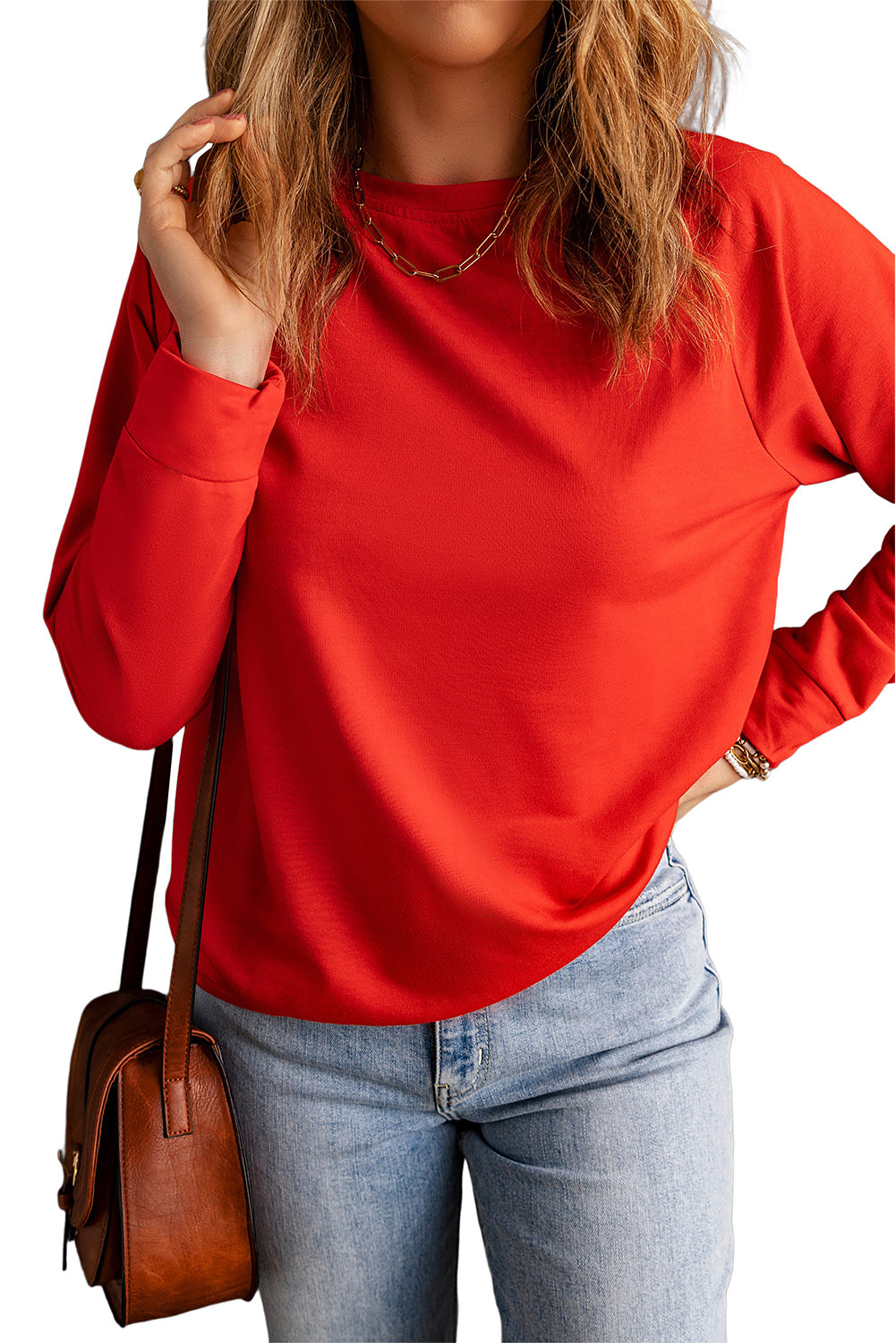 Sweat-shirt à col rond de couleur unie rouge vif
