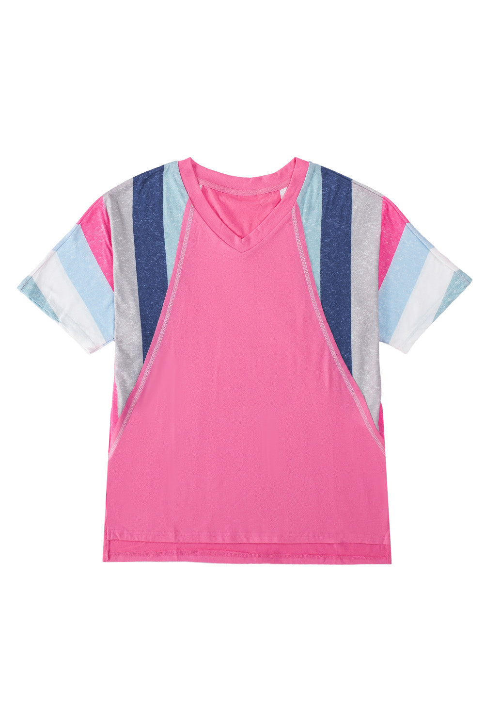 T-shirt con scollo a V patchwork a righe bianche rosa