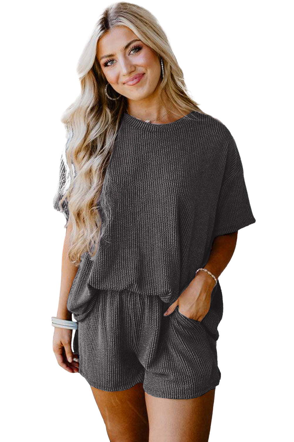 Ensemble t-shirt et short coupe ample en tricot texturé côtelé gris carbone