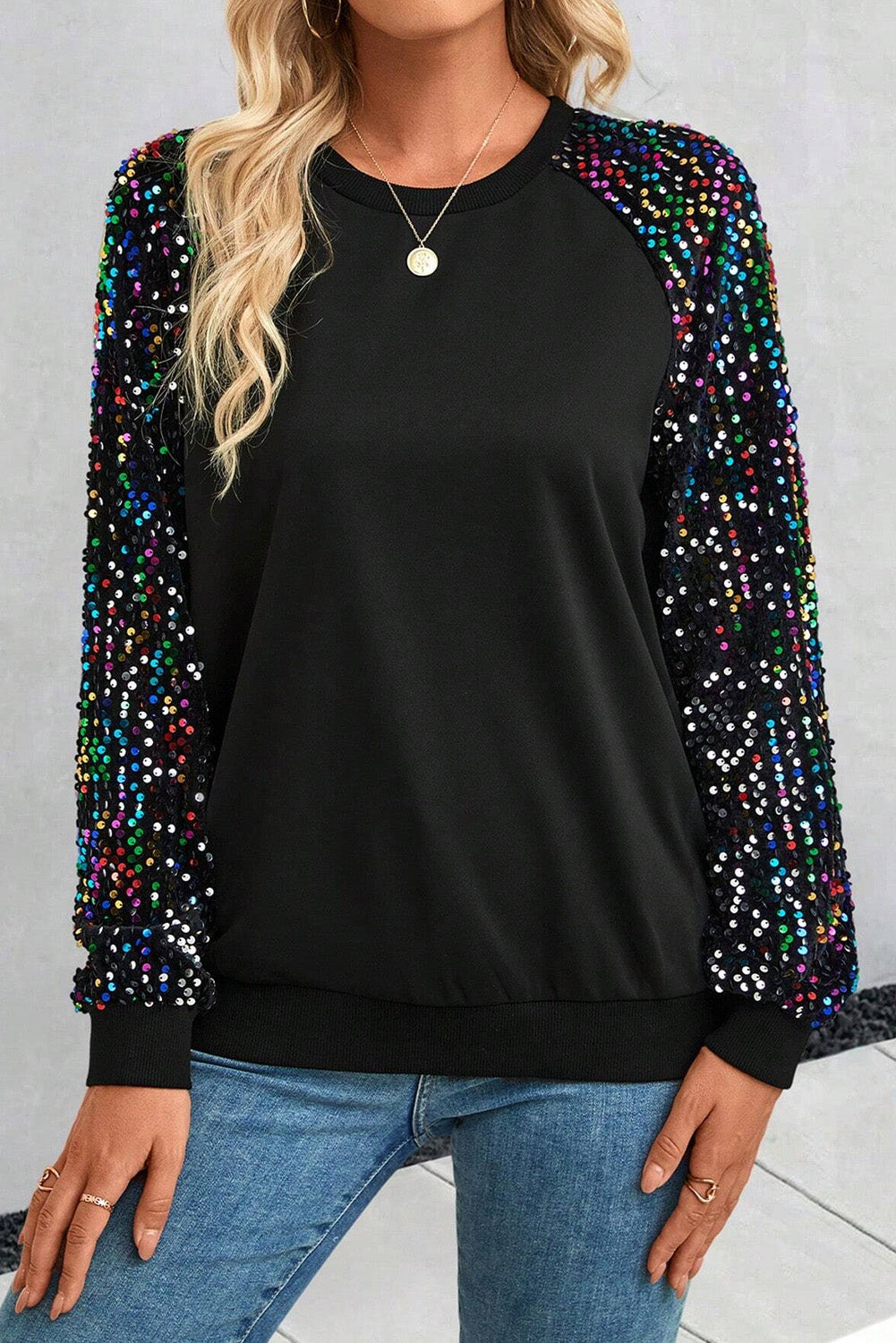 Felpa pullover girocollo con maniche raglan nere con paillettes