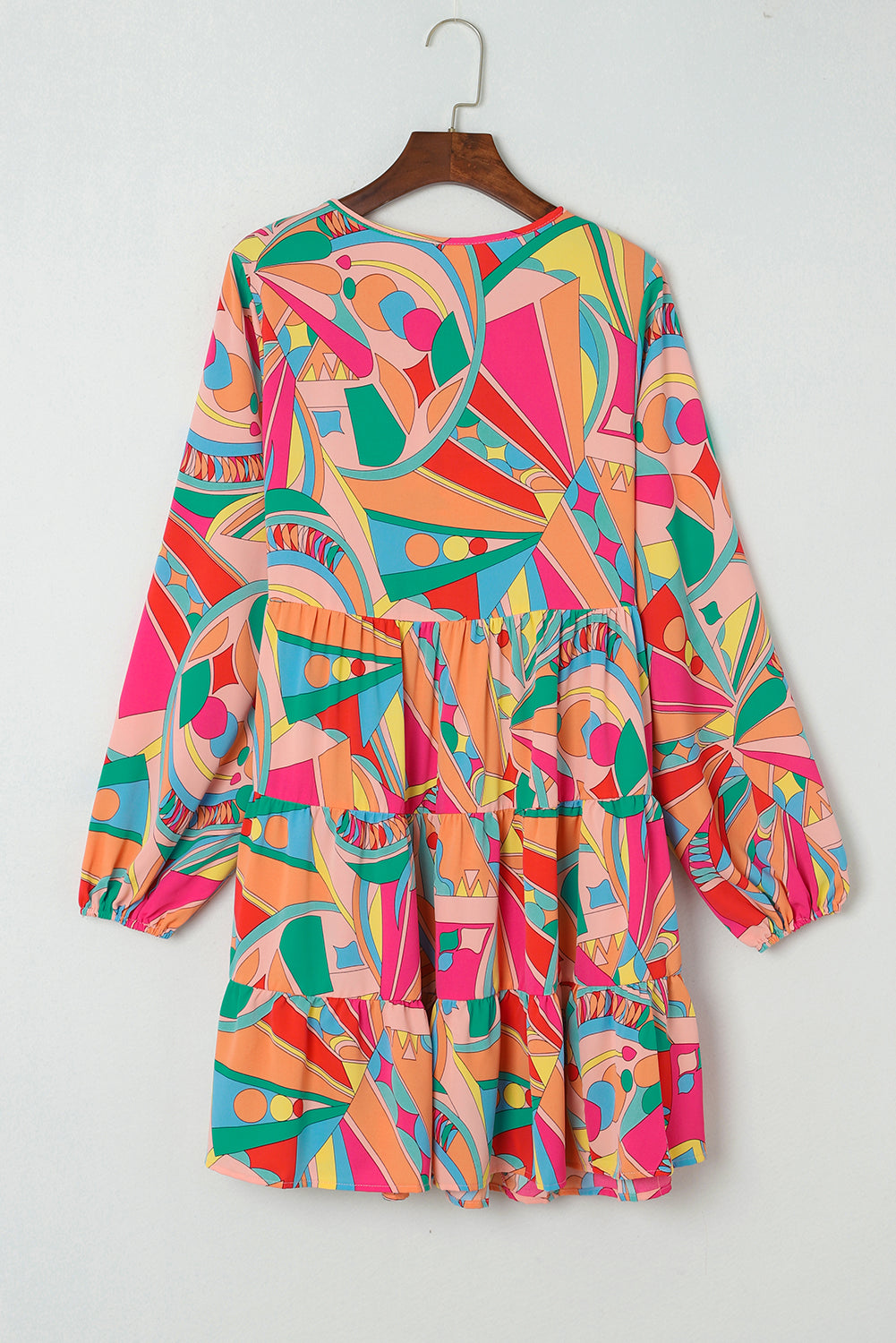 Mini-robe multicolore à volants et col fendu à imprimé géométrique