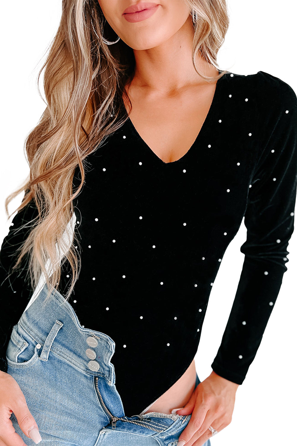 Black Velvet Beaded Long Sleeve V Neck Bodysuit