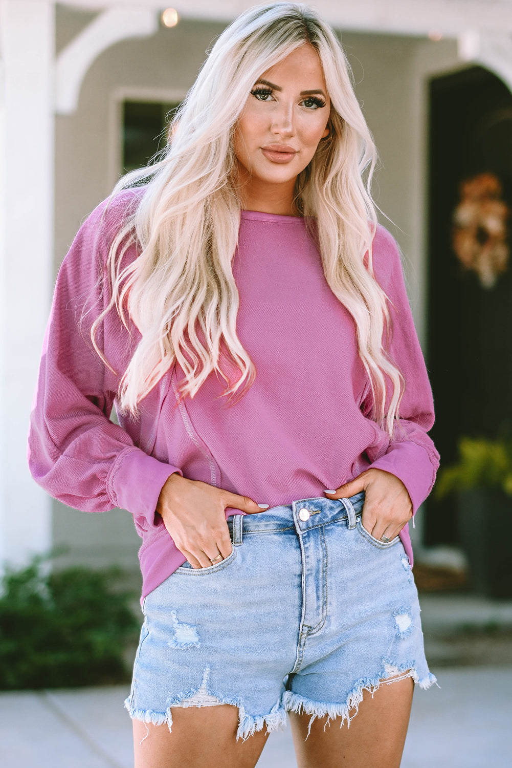 Pink Exposed Seam Round Neck Terry Pullover