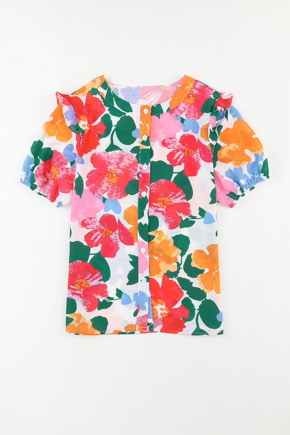 Mehrfarbiges Hemd mit Blumendruck, Rüschenbesatz und Puffärmeln