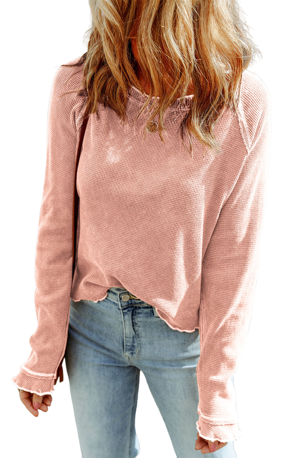 Majica z dolgimi rokavi z okroglim izrezom in marelično rožnato teksturo