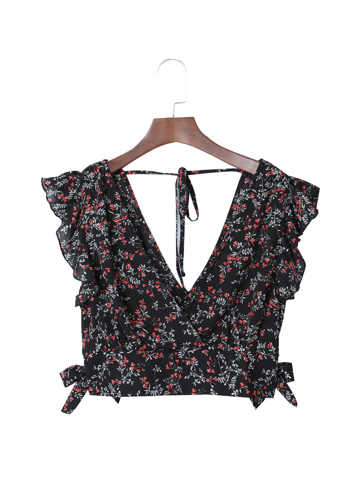 Schwarzes, mehrfarbiges, gerüschtes Crop-Top- und Maxirock-Set mit Blumenmuster