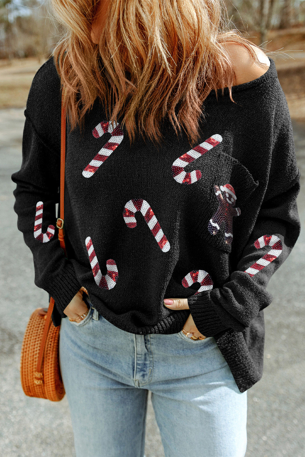 Black Sequined Candy Canes Gingerbread Man Sweater