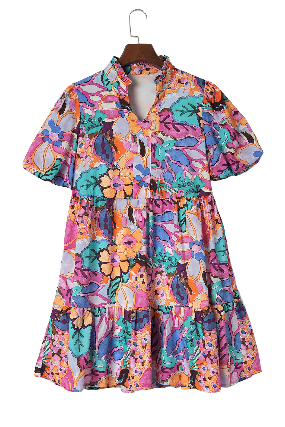 Multicolor Floral Print V Neck Puff Sleeve Mini Dress