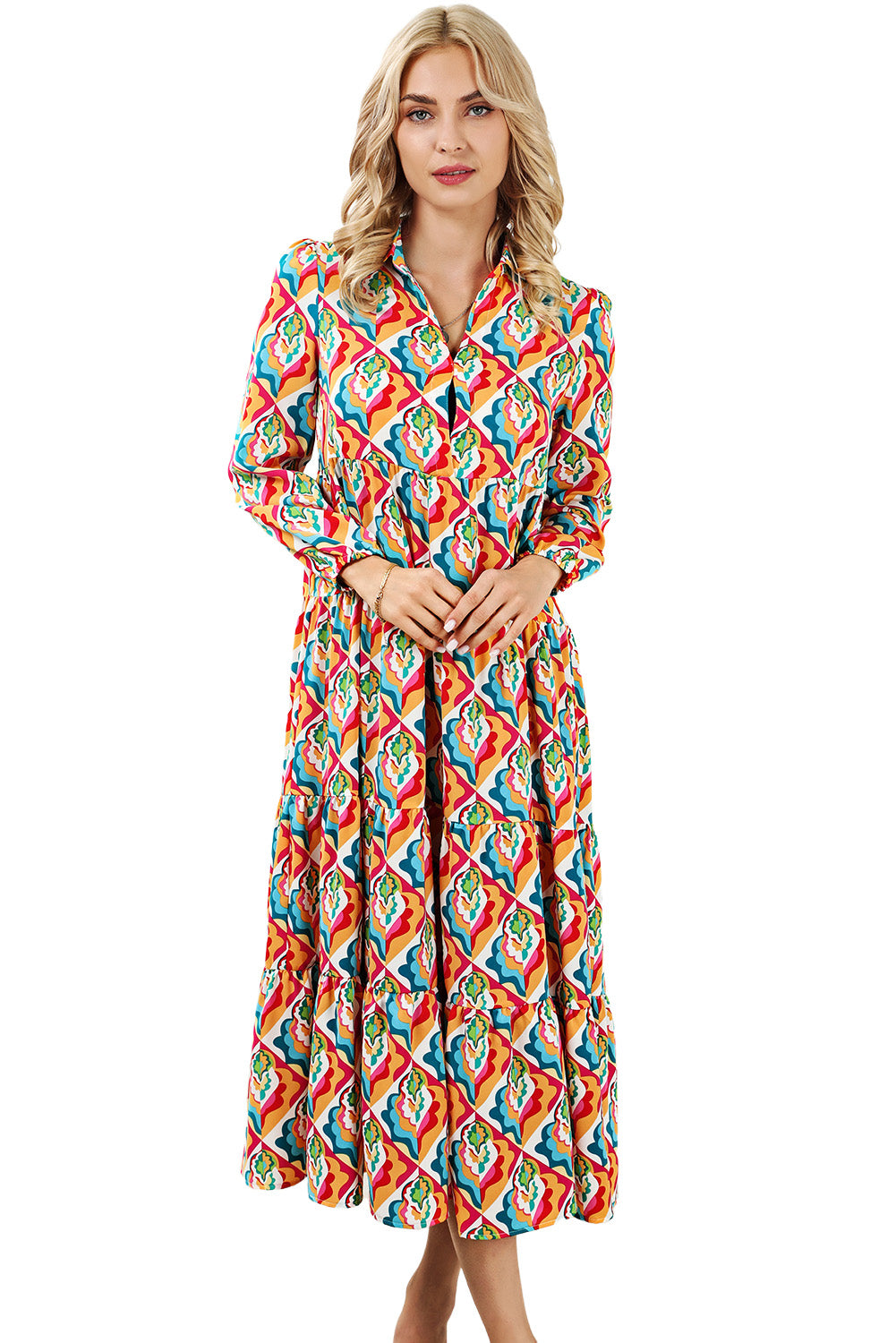 Višebojna haljina s apstraktnim geometrijskim printom dugih rukava i visokog struka