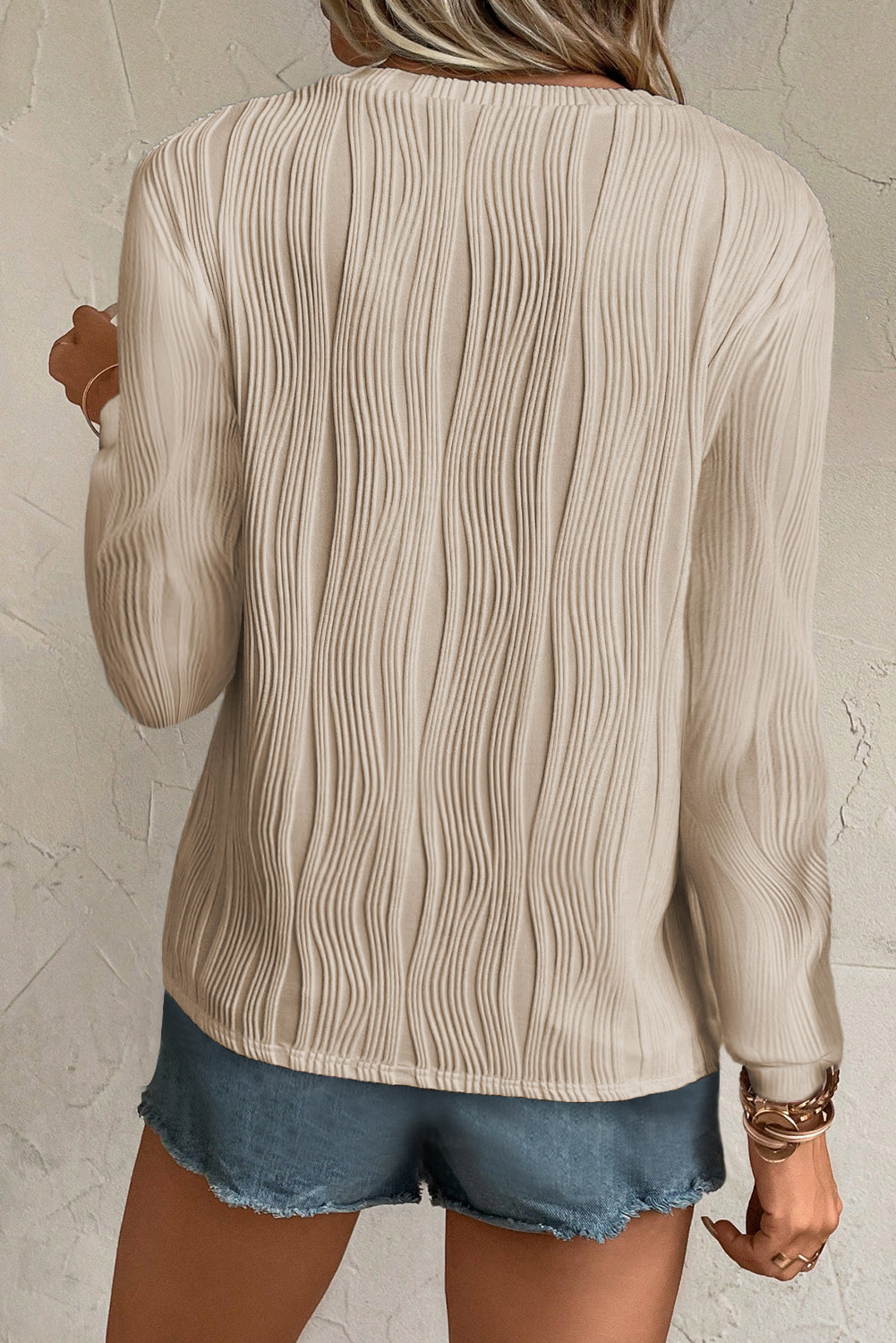 Apricot Textured Wavy Round Neck Long Sleeve Top