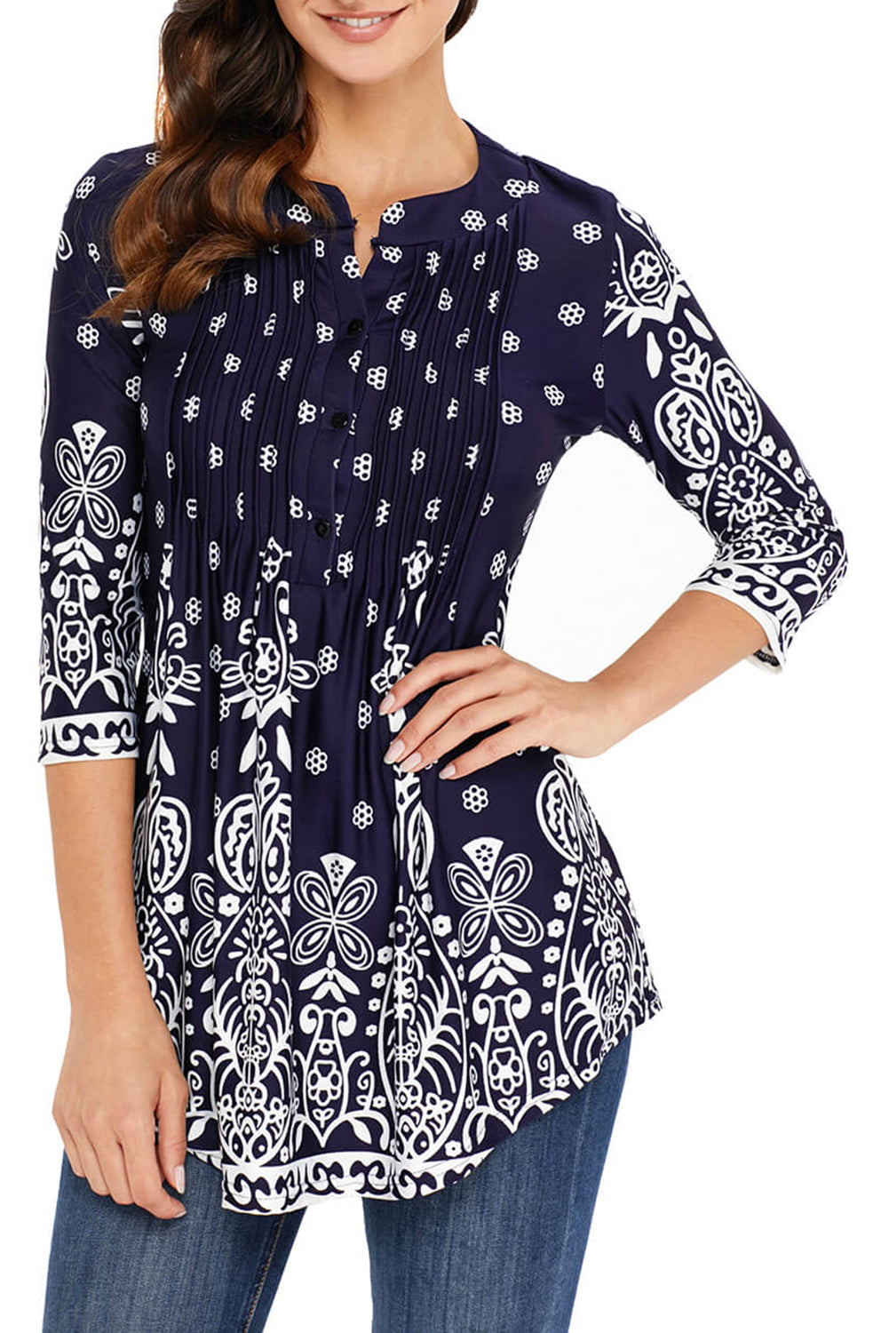 Black Floral Notch Neck Pin-tuck Tunic