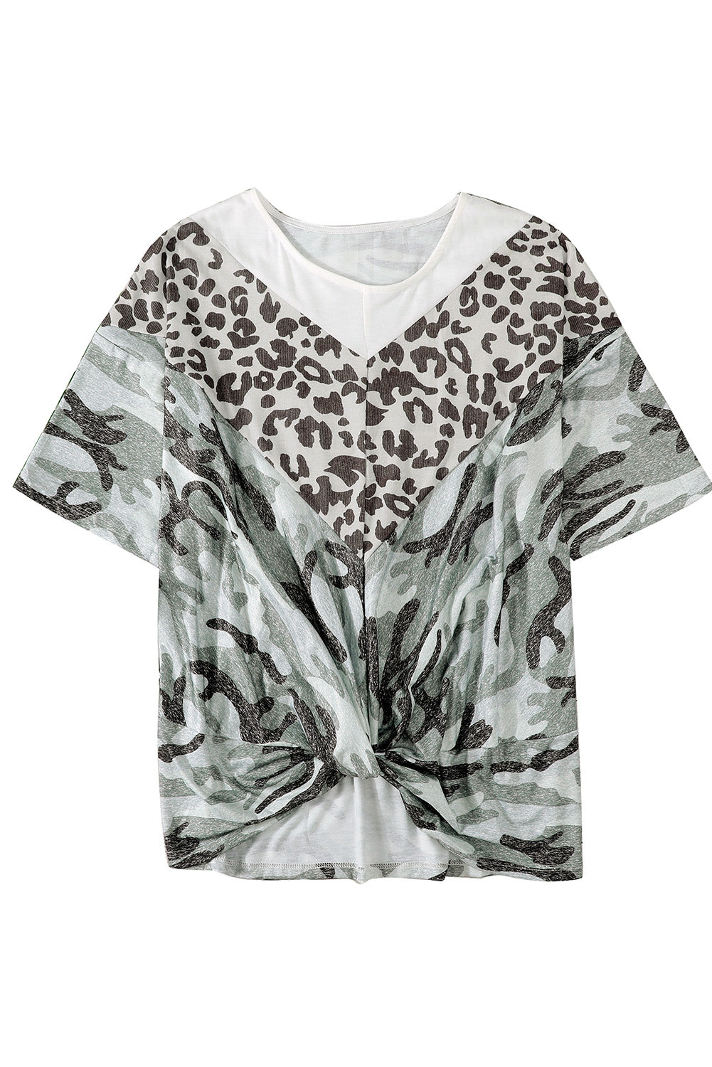 Léopard T-Shirt à Demi-Manches avec Noeud Torsadé Imprimé Camouflage Léopard de Grande Taille
