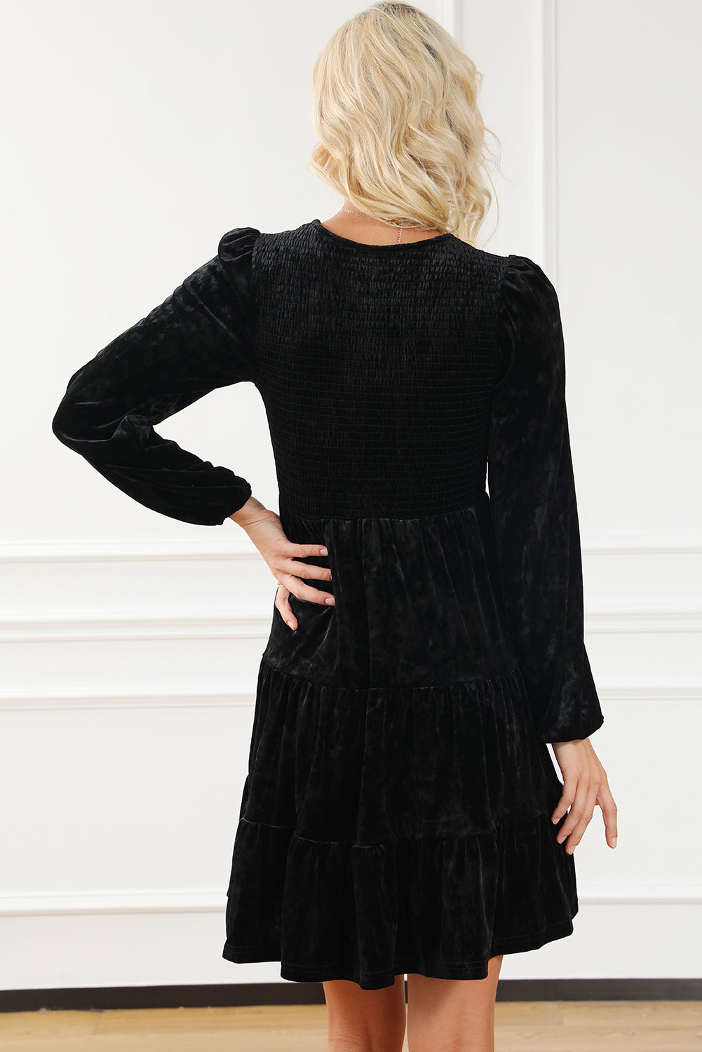 Black Velvet Smocked Puff Sleeve Ruffle Mini Dress