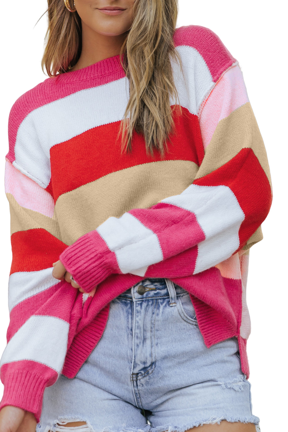 Fiery Red Mix Horizon Stripes Dolman Sleeve Sweater