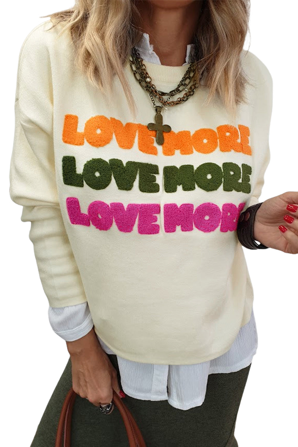 Weißes LOVE MORE Langarm-Sweatshirt mit Chenille-Grafik