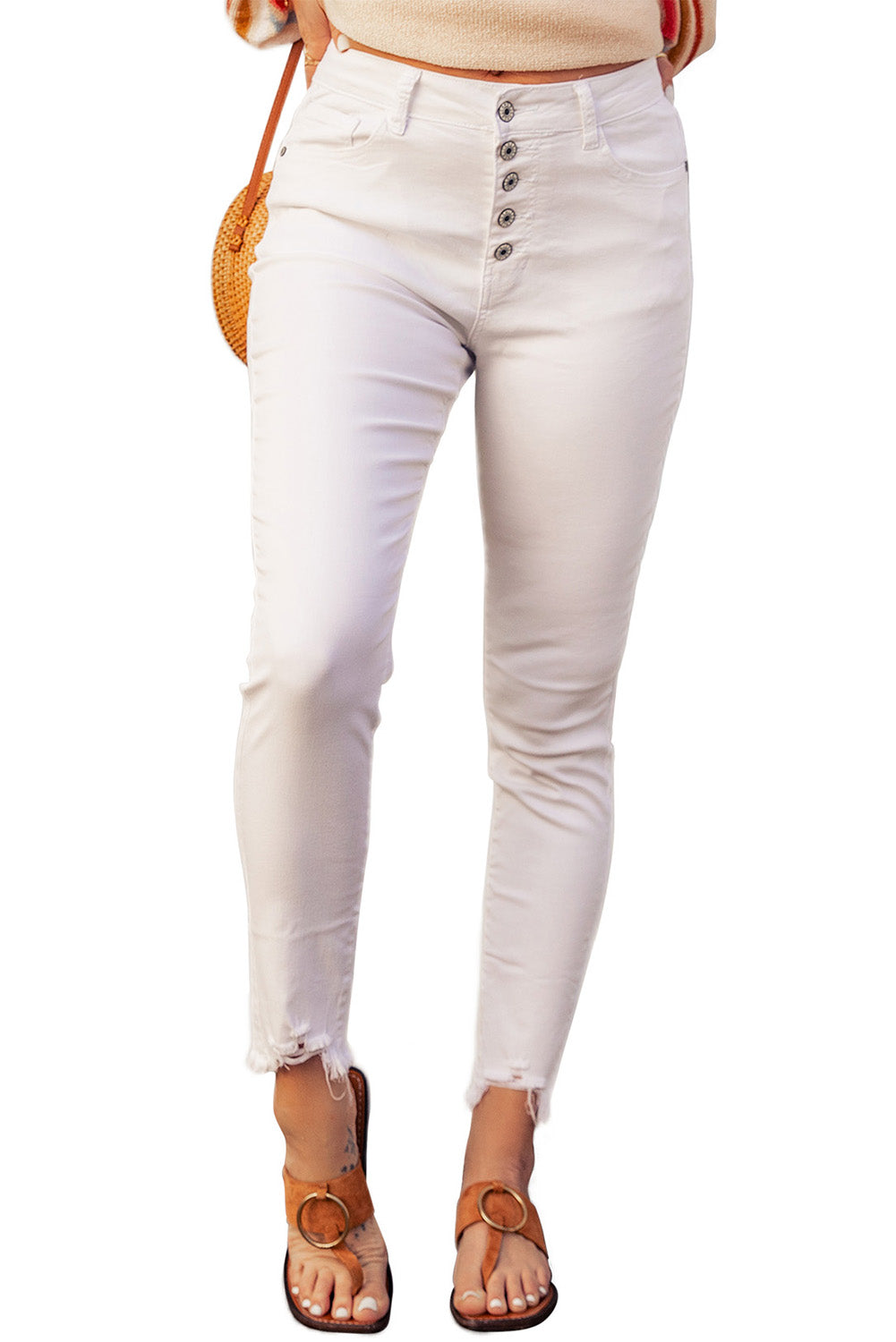 Weiße, schlichte Jeans mit hoher Taille und ausgefransten, verkürzten Jeans