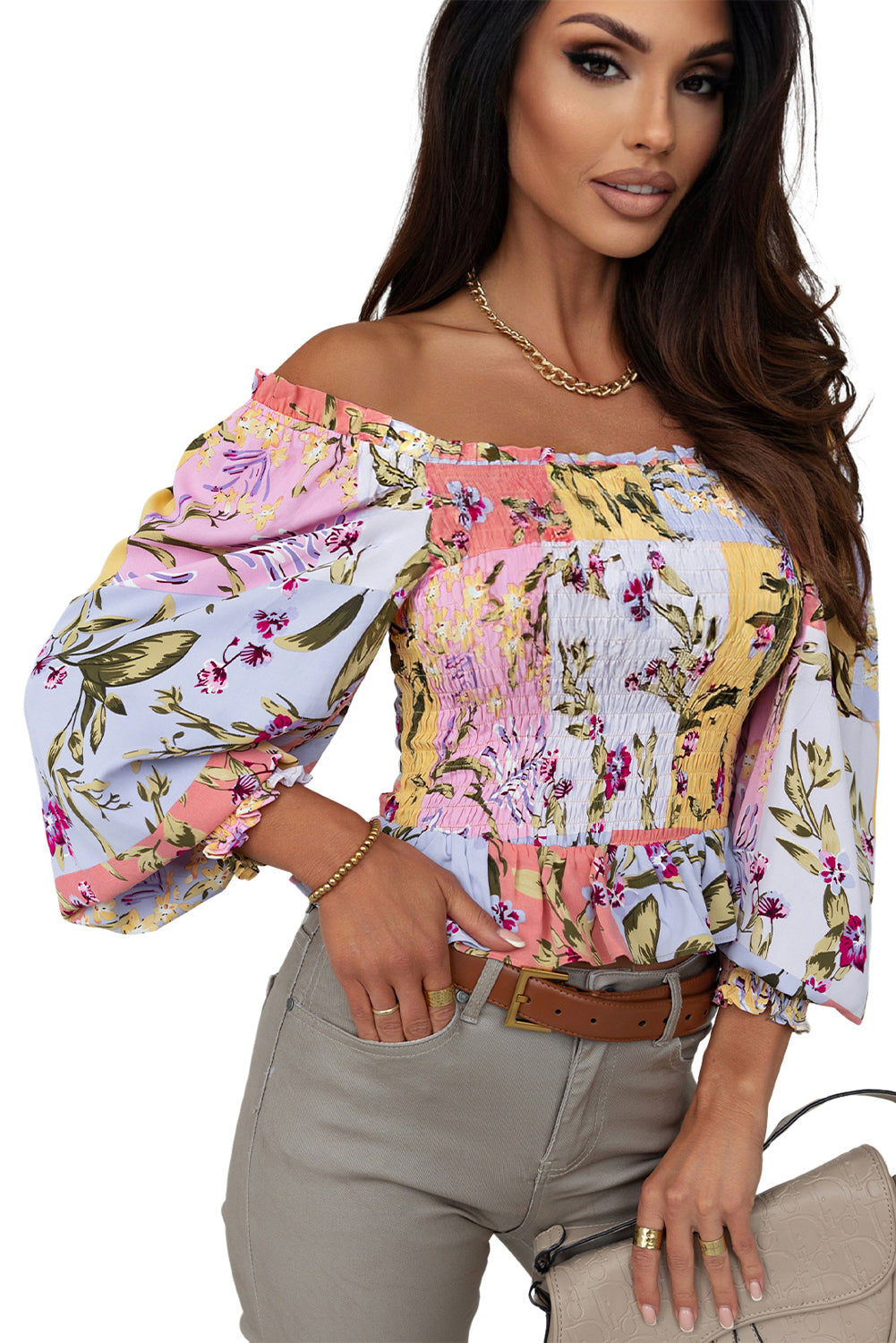 Mehrfarbige, gesmokte Bluse mit Blumenrüschenbesatz und quadratischem Ausschnitt