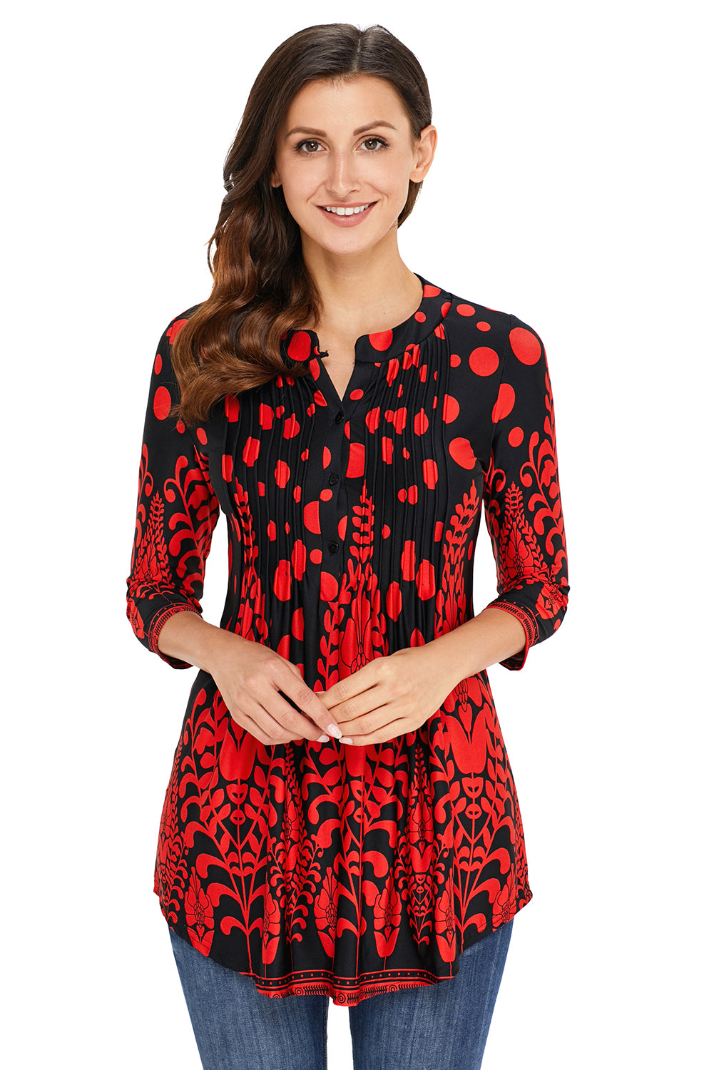 Black Floral Notch Neck Pin-tuck Tunic