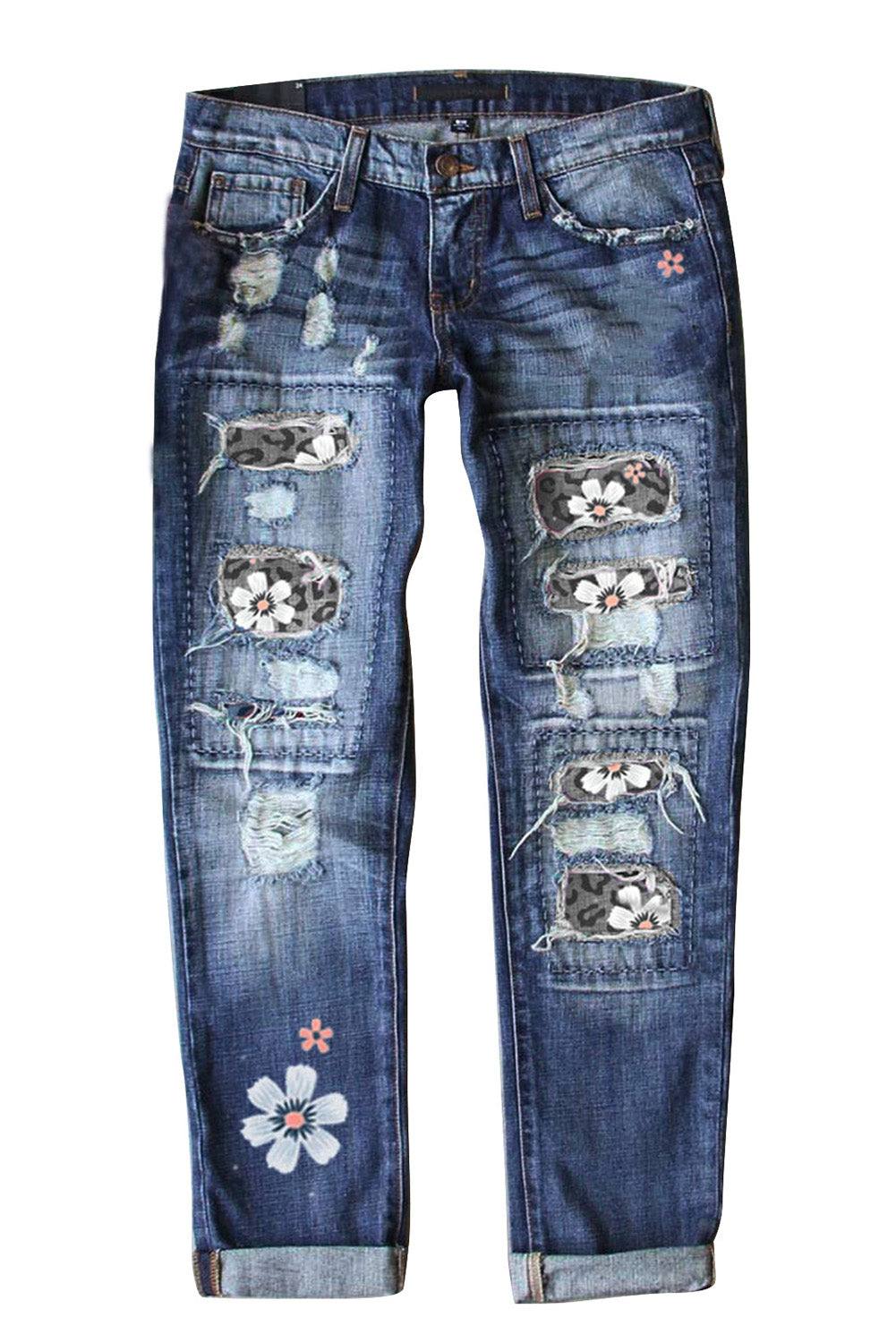 Jeans a vita alta invecchiati patchwork con stampa leopardata floreale grigia