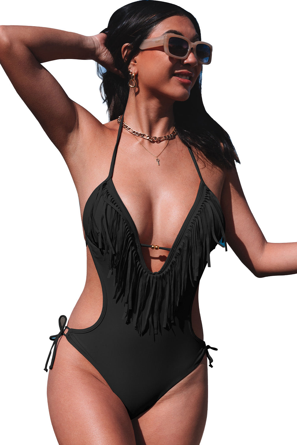 Crni jednodijelni kupaći kostim s resicama bez leđa
