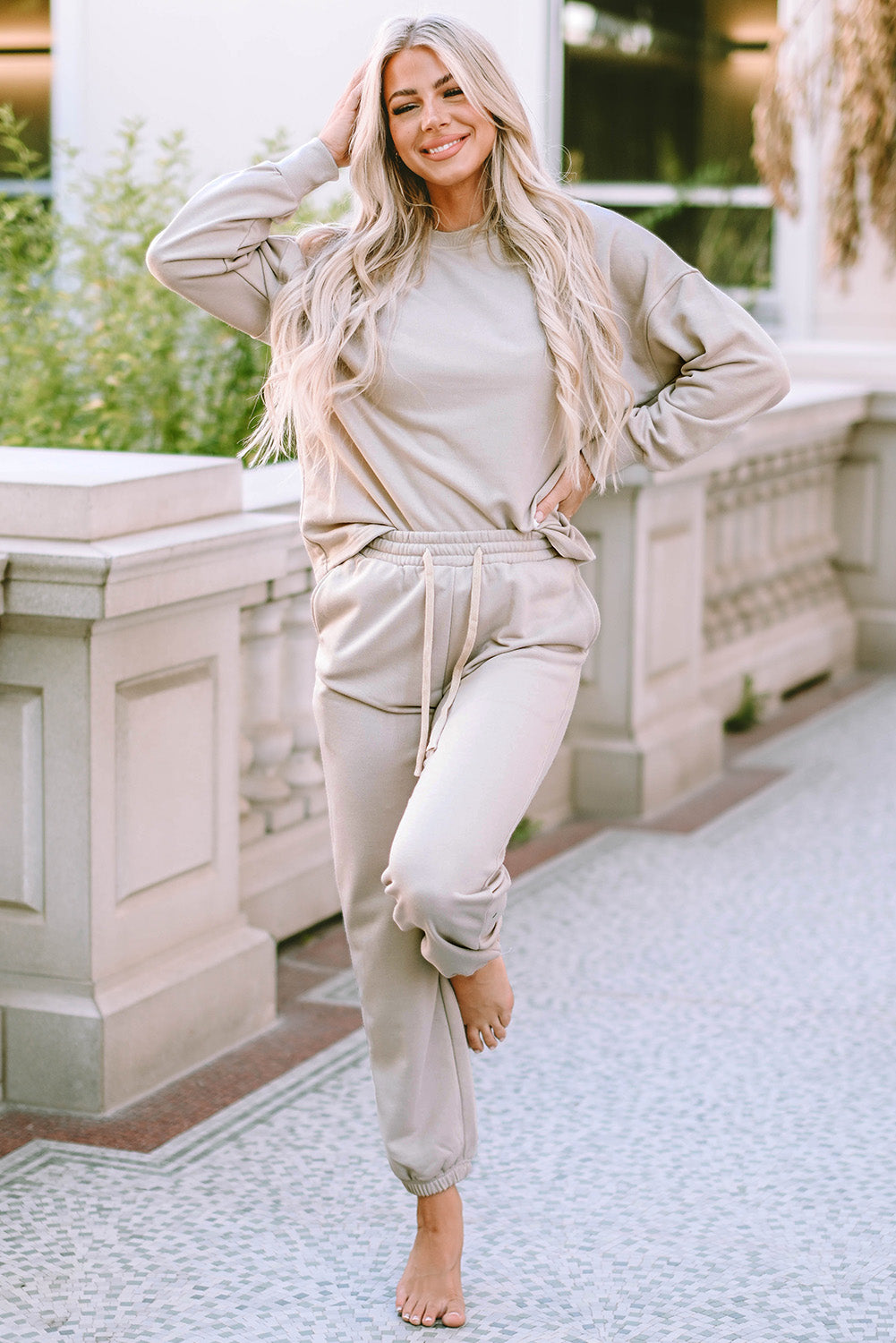 Gray Long Sleeve Top and Drawstring Pants Lounge Outfit
