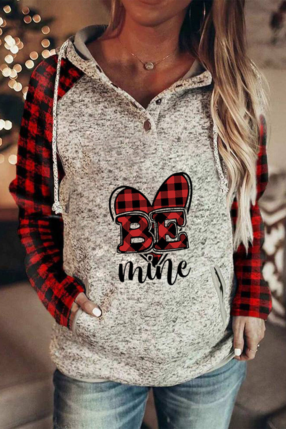 Valentine Graphic Print Plaid Splicing Buttons Long Sleeve Sweatshirt