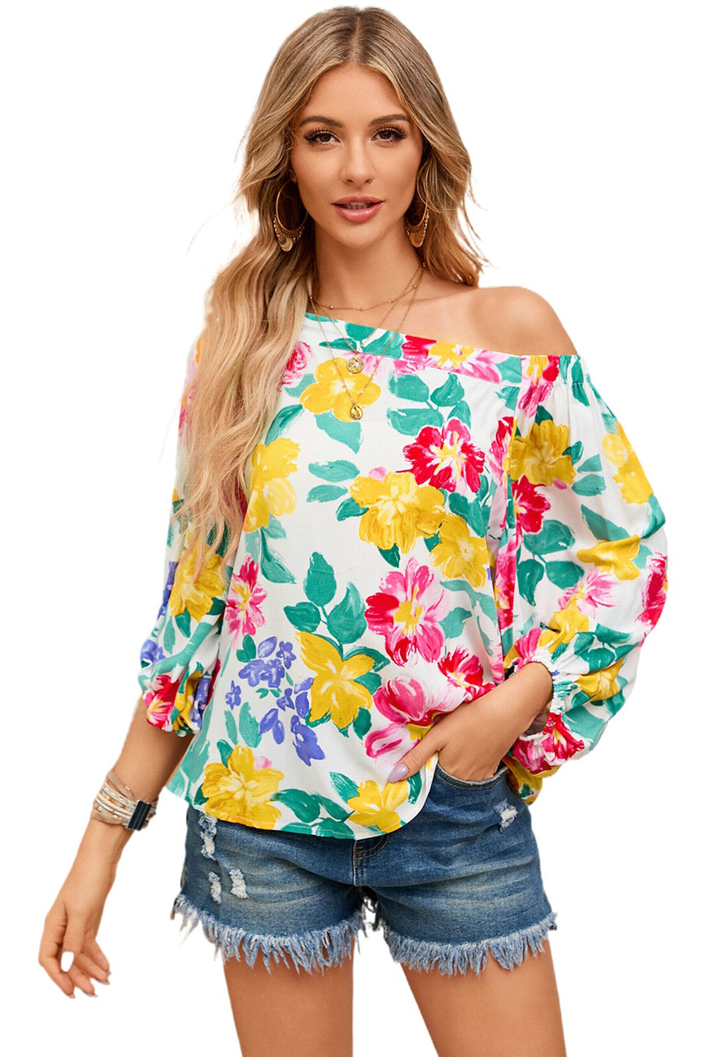 White Water Painting Flowers Puff Sleeve Blouse