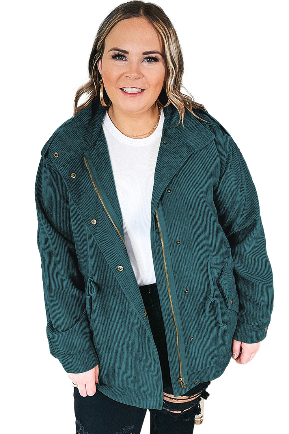 Green Plus Size Button Zipped Corduroy Jacket
