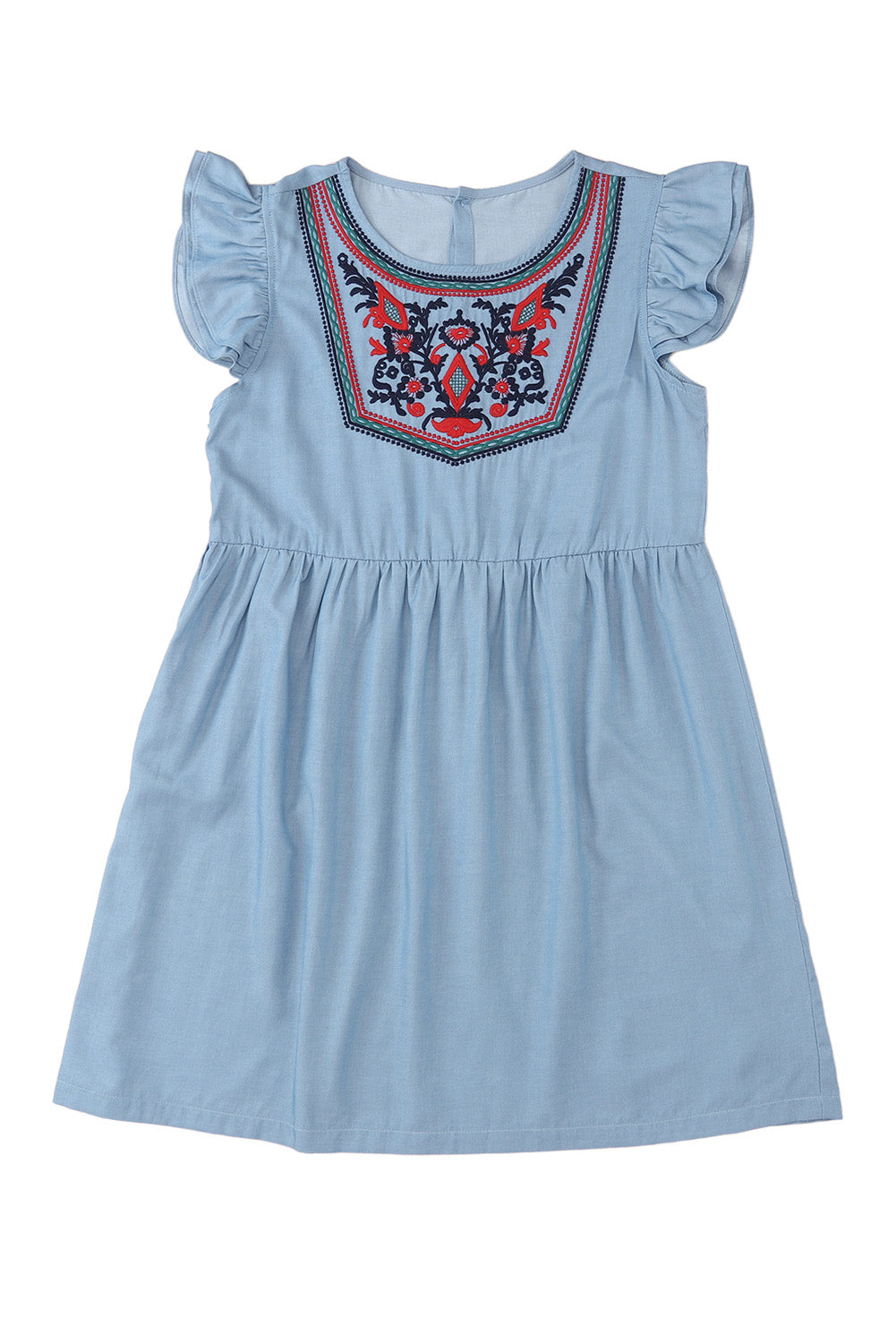 Sky Blue Floral Embroidered Ruffled Sleeve Mini Dress