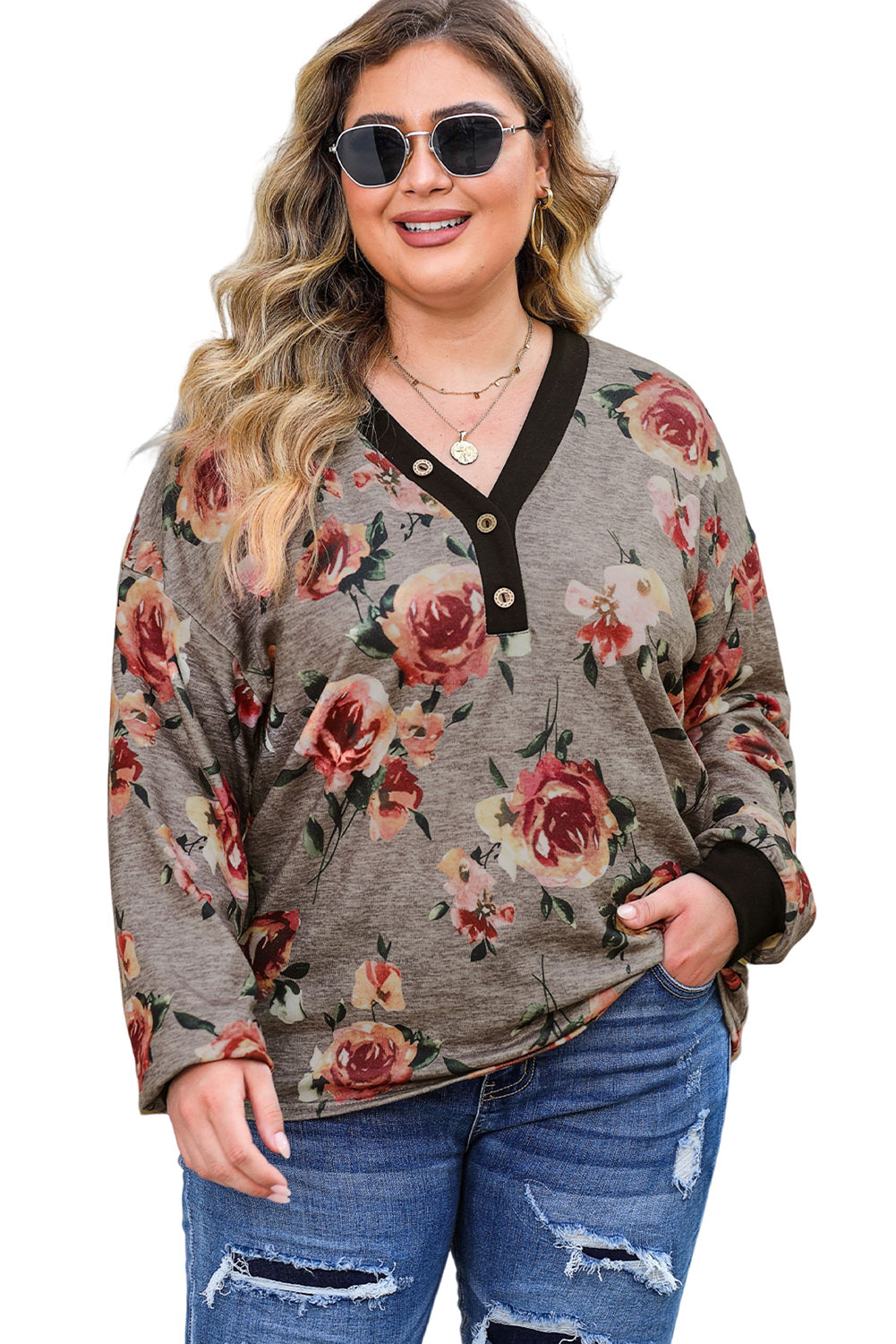 Gray Floral Long Sleeve Plus Size Henley Top