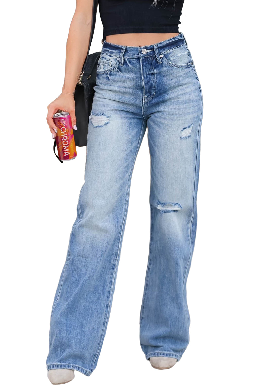 Hellblaue Distressed-Jeans mit geradem Bein und hohem Bund