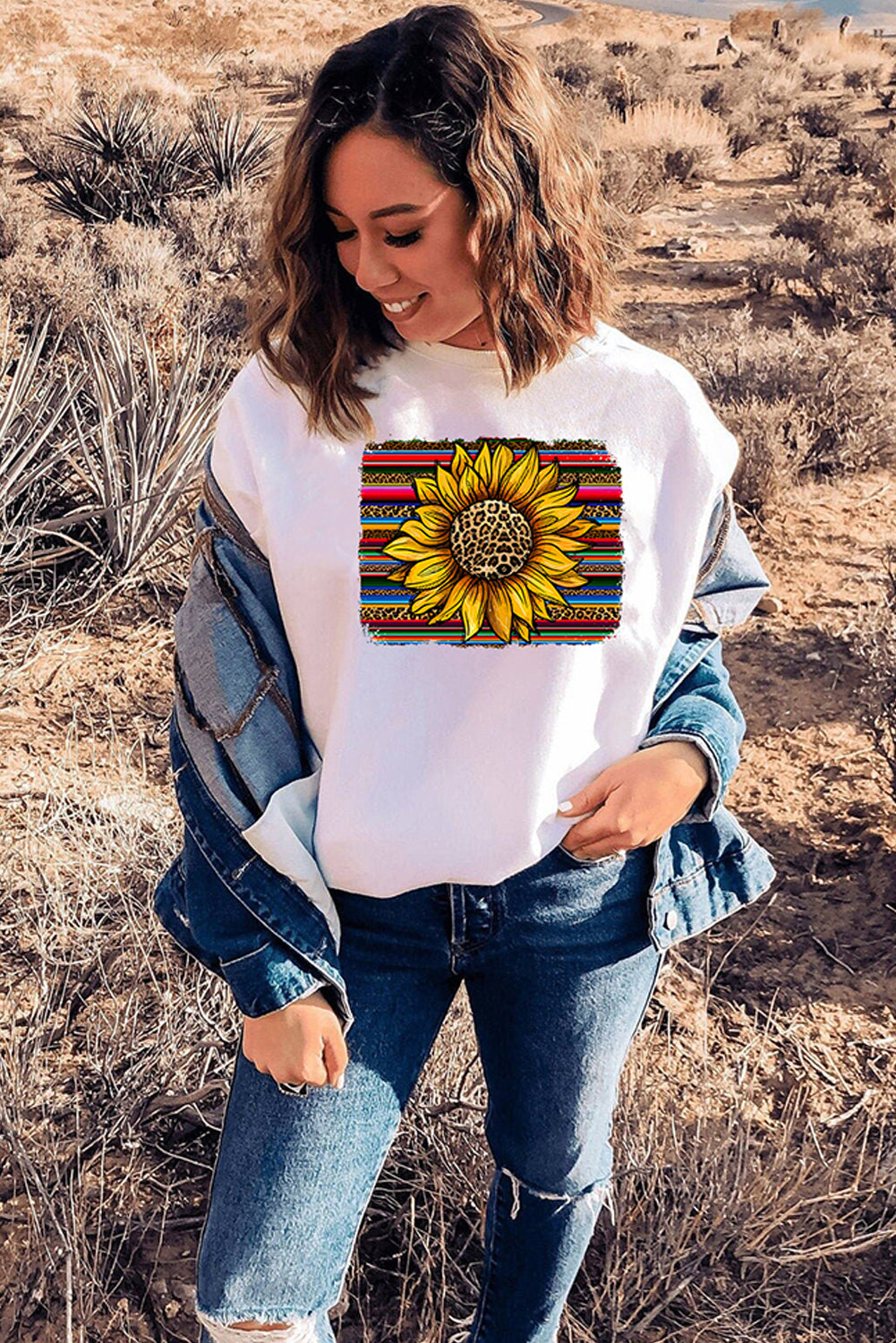 White Leopard Striped Sunflower Print Pullover Sweatshirt