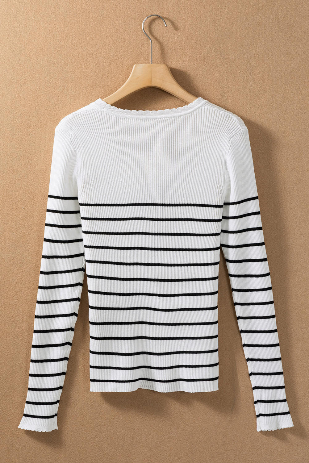 White Scalloped Trim Striped Print Sweater